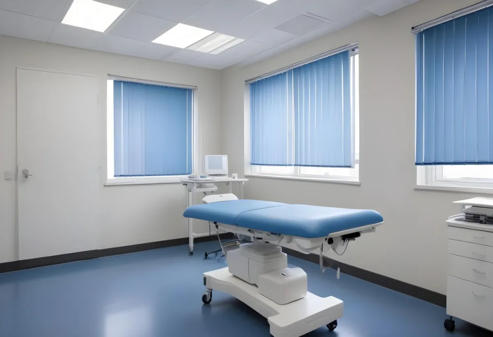A Modern Medical Examination Room With A White Desk A Blue Examination Table And Vertical Blinds Covering A Window 10 091c