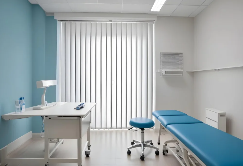 A Modern Medical Examination Room With A White Desk A Blue Examination Table And Vertical Blinds Covering A Window 12 Cc5d