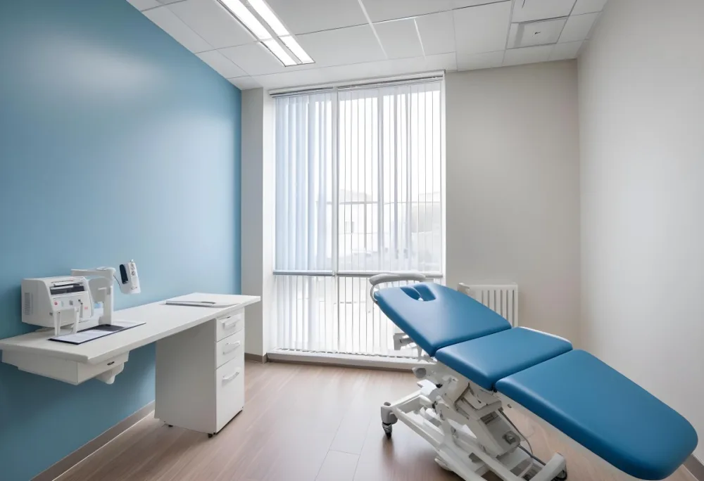 A Modern Medical Examination Room With A White Desk A Blue Examination Table And Vertical Blinds Covering A Window 13 E351