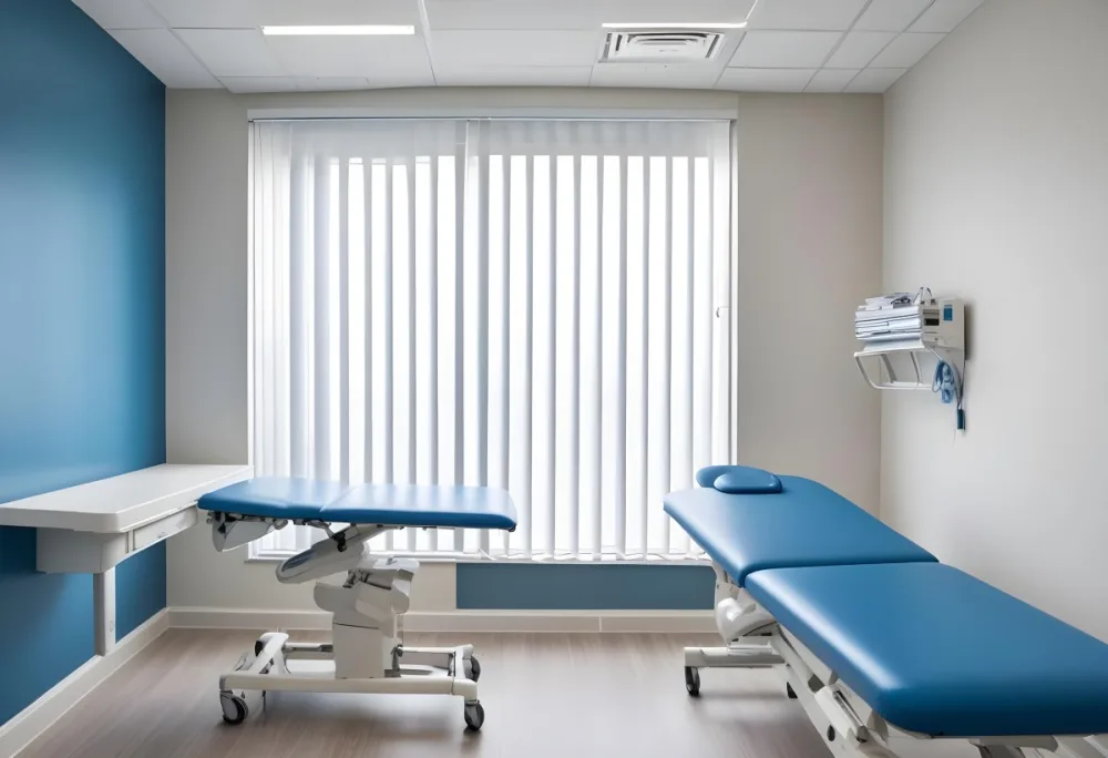 A Modern Medical Examination Room With A White Desk A Blue Examination Table And Vertical Blinds Covering A Window 2 93f0