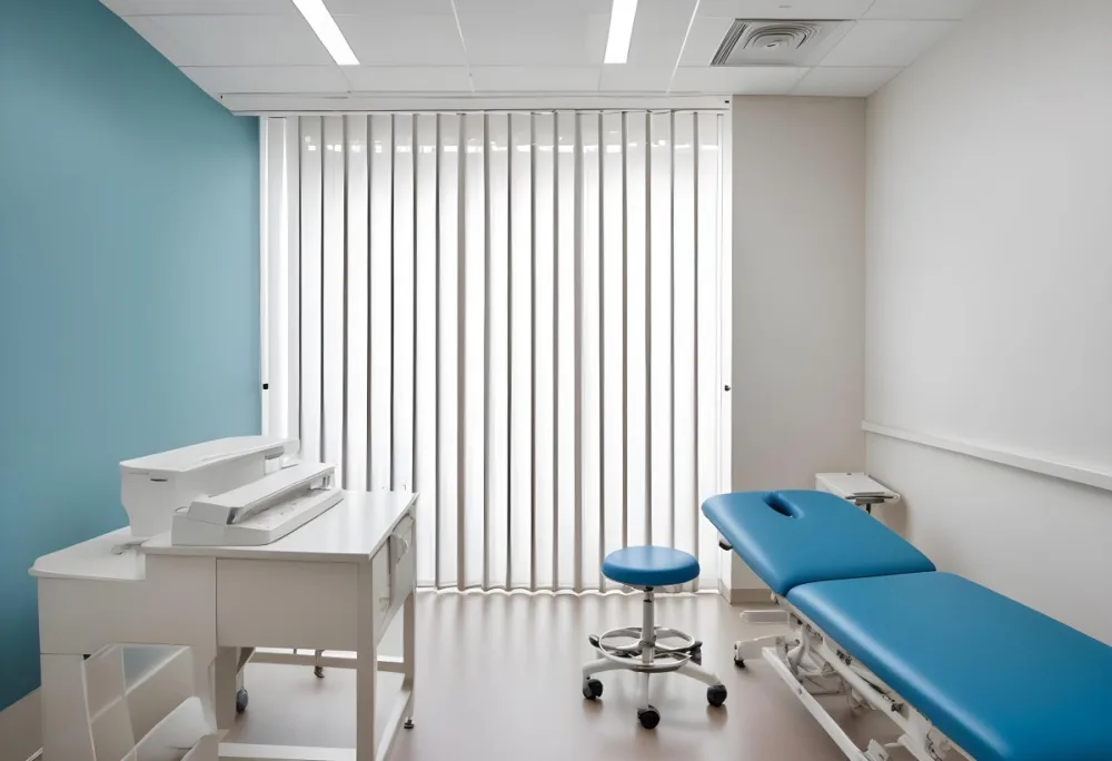 A Modern Medical Examination Room With A White Desk A Blue Examination Table And Vertical Blinds Covering A Window 5 D8ff