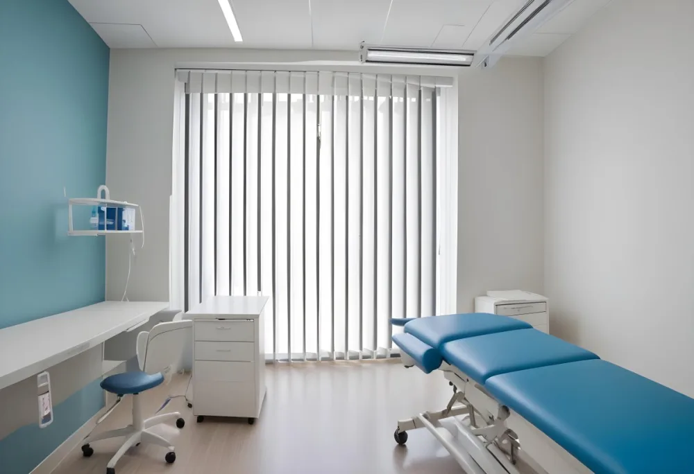 A Modern Medical Examination Room With A White Desk A Blue Examination Table And Vertical Blinds Covering A Window 6 7dd7