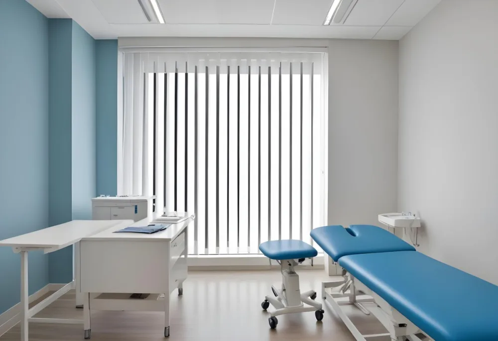 A Modern Medical Examination Room With A White Desk A Blue Examination Table And Vertical Blinds Covering A Window 7 2102