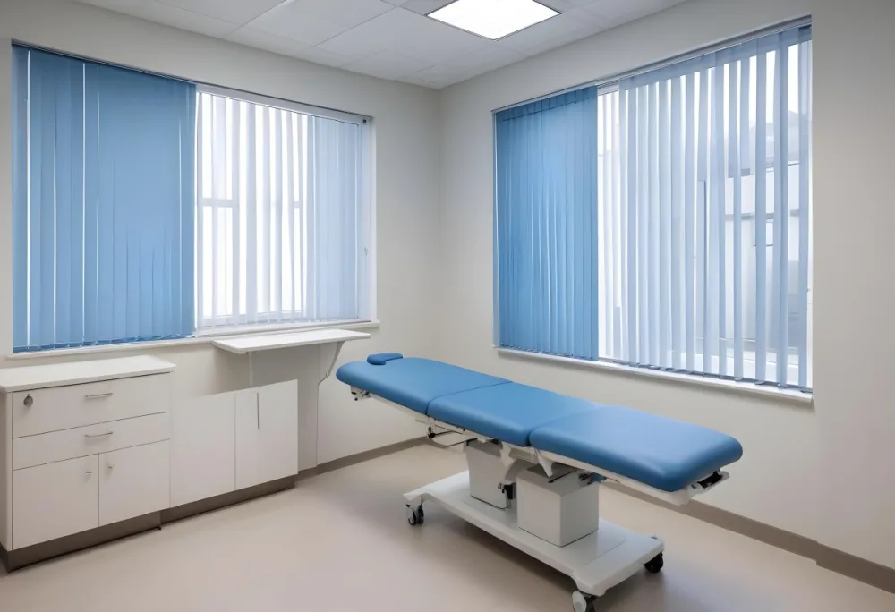 A Modern Medical Examination Room With A White Desk A Blue Examination Table And Vertical Blinds Covering A Window 9 2f4f