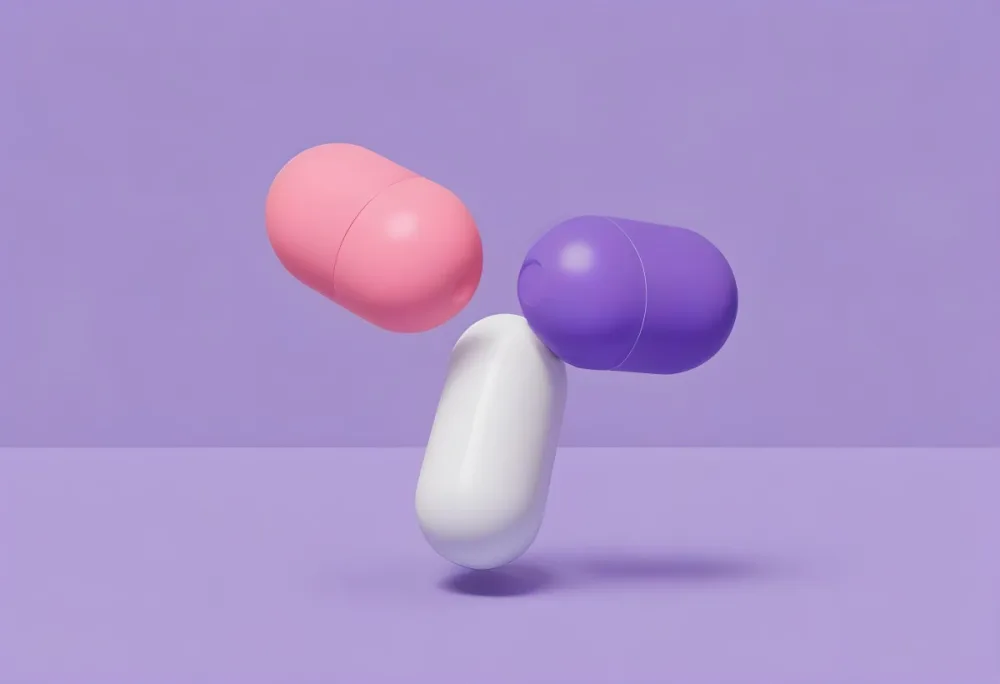 A Pink Pill And A Purple And White Capsule Floating In A Purple Background 2 Cf1b