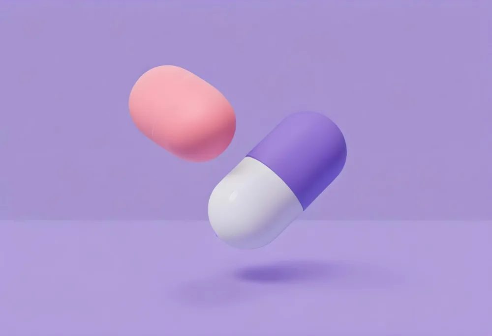 A Pink Pill And A Purple And White Capsule Floating In A Purple Background 4 0138