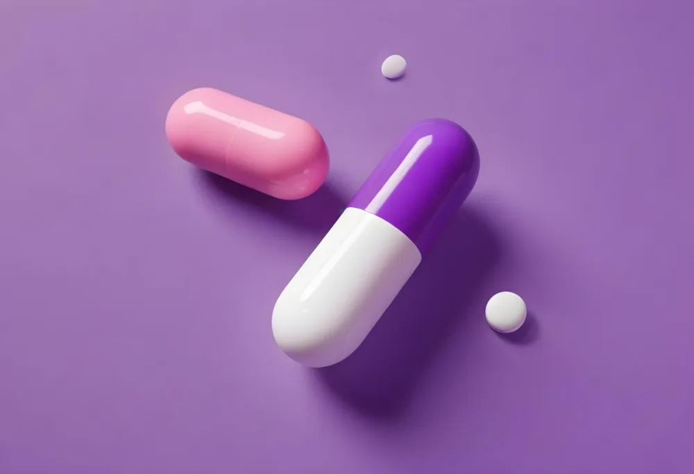 A Pink Pill And A Purple And White Capsule Floating In A Purple Background 6 2ad7