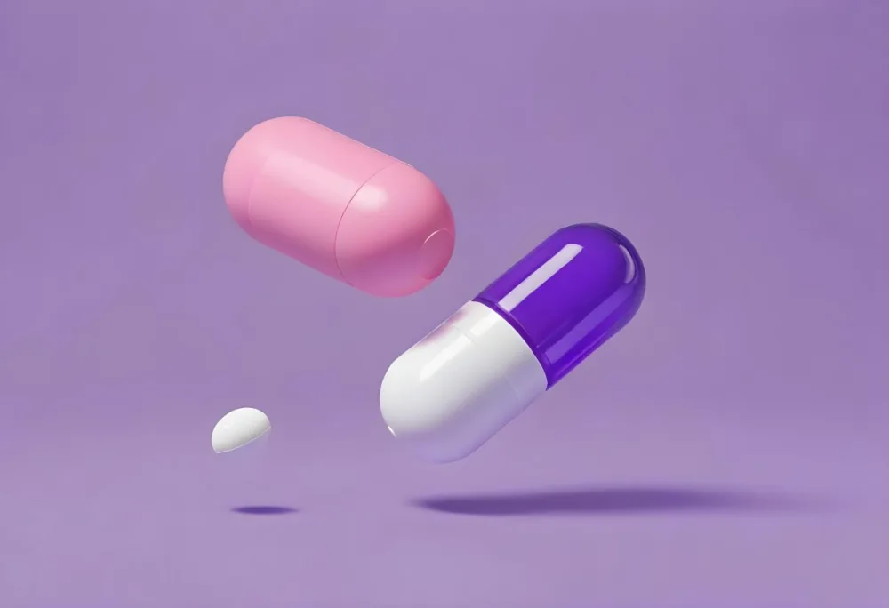 A Pink Pill And A Purple And White Capsule Floating In A Purple Background 8 8556