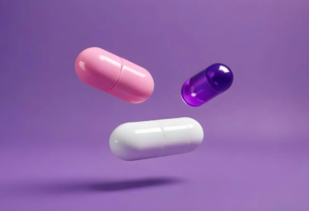 A Pink Pill And A Purple And White Capsule Floating In A Purple Background 9 9599