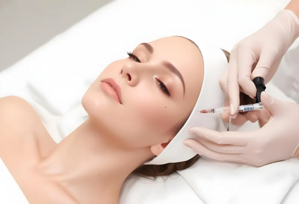 A White Woman 25 Years Old With Brown Hair Receiving A Facial Injection With A Syringe In A Beauty Clinic White Background 1 17bd