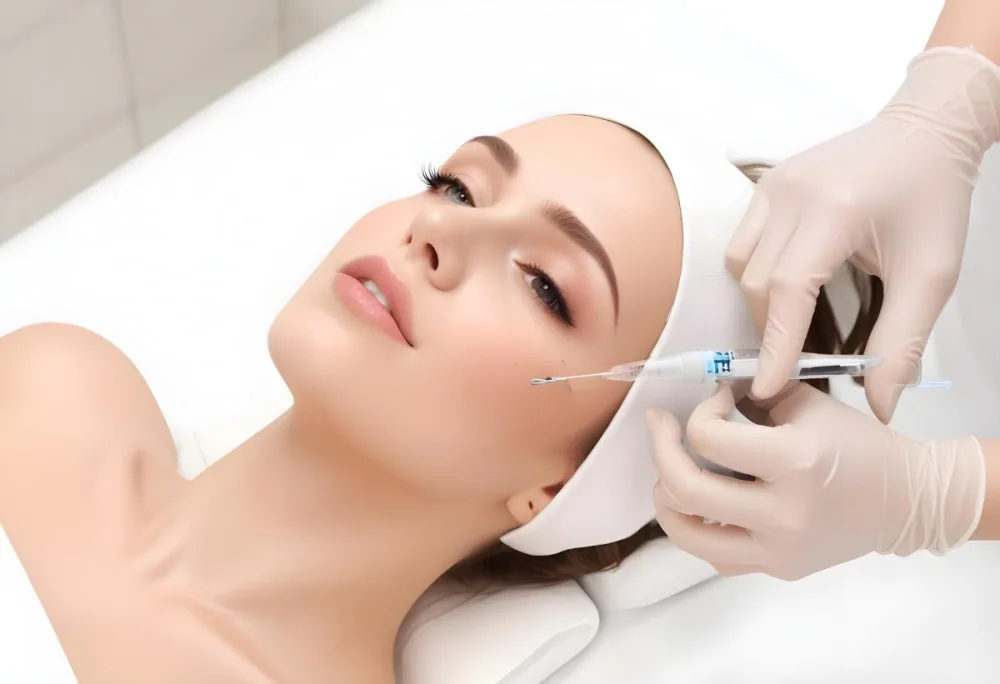 A White Woman 25 Years Old With Brown Hair Receiving A Facial Injection With A Syringe In A Beauty Clinic White Background 2 8d5e
