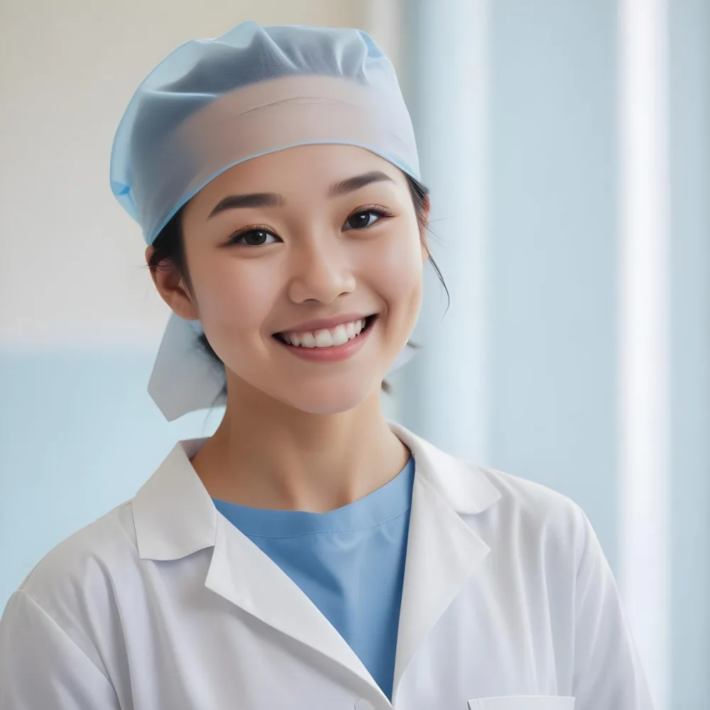 A Young Asian Woman With Light Skin Wearing A Surgical Cap And A Face Mask Smiling She Is Dressed In A White Lab Coat Over A Blue Shirt The Background Is A Soft Light Color 103 16bd