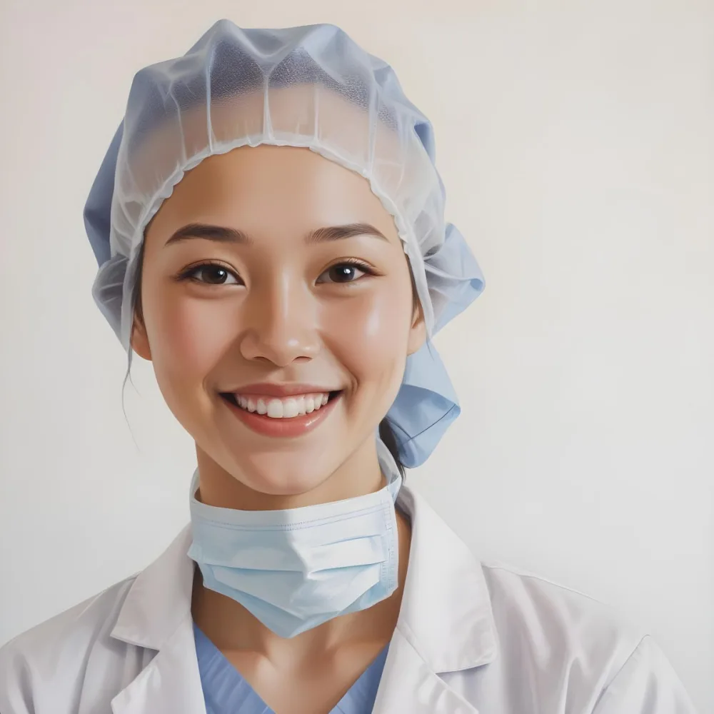 A Young Asian Woman With Light Skin Wearing A Surgical Cap And A Face Mask Smiling She Is Dressed In A White Lab Coat Over A Blue Shirt The Background Is A Soft Light Color 16 Cfca