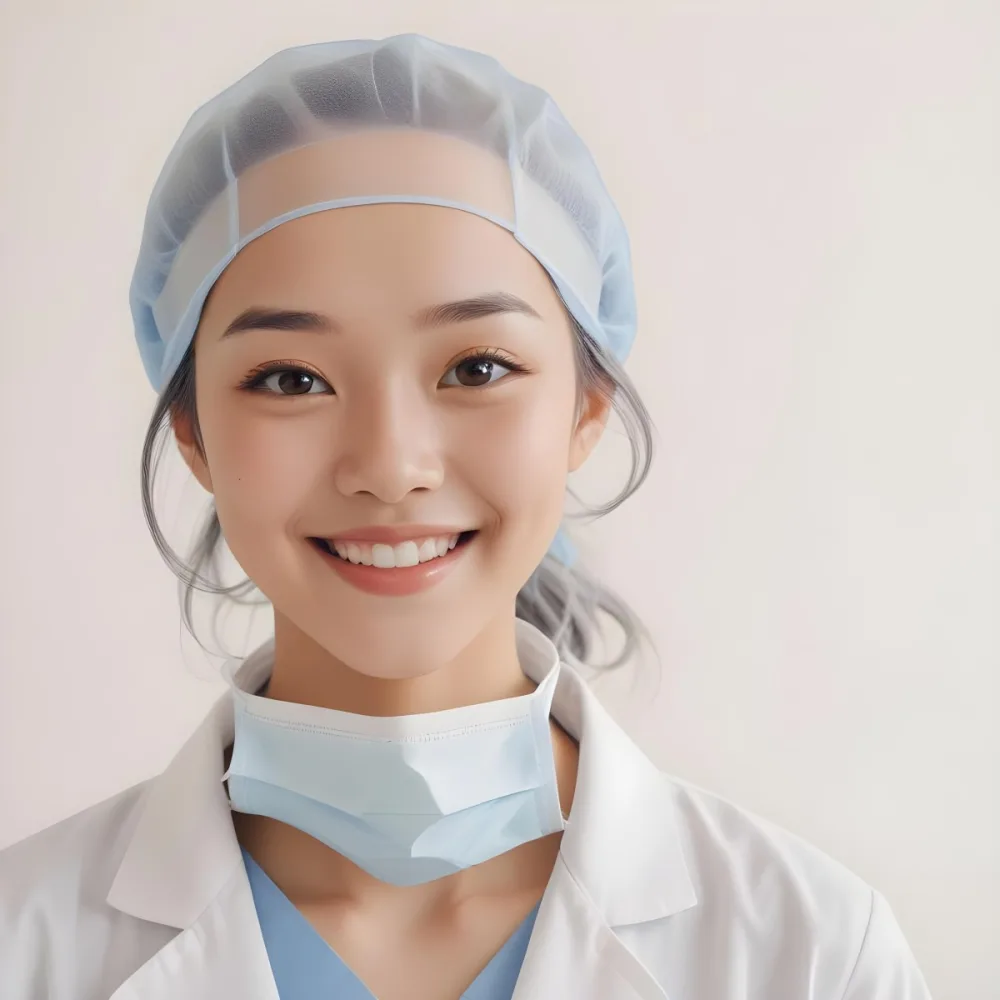 A Young Asian Woman With Light Skin Wearing A Surgical Cap And A Face Mask Smiling She Is Dressed In A White Lab Coat Over A Blue Shirt The Background Is A Soft Light Color 29 E4b3