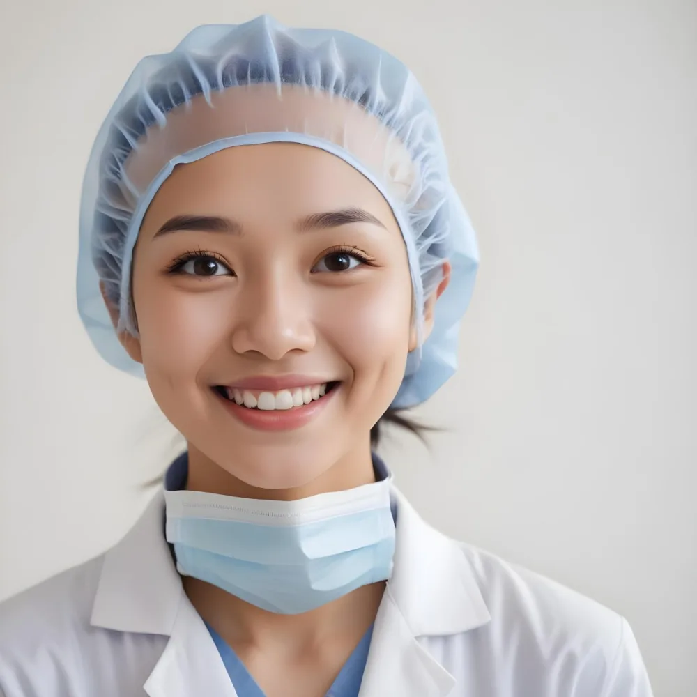 A Young Asian Woman With Light Skin Wearing A Surgical Cap And A Face Mask Smiling She Is Dressed In A White Lab Coat Over A Blue Shirt The Background Is A Soft Light Color 57 A961