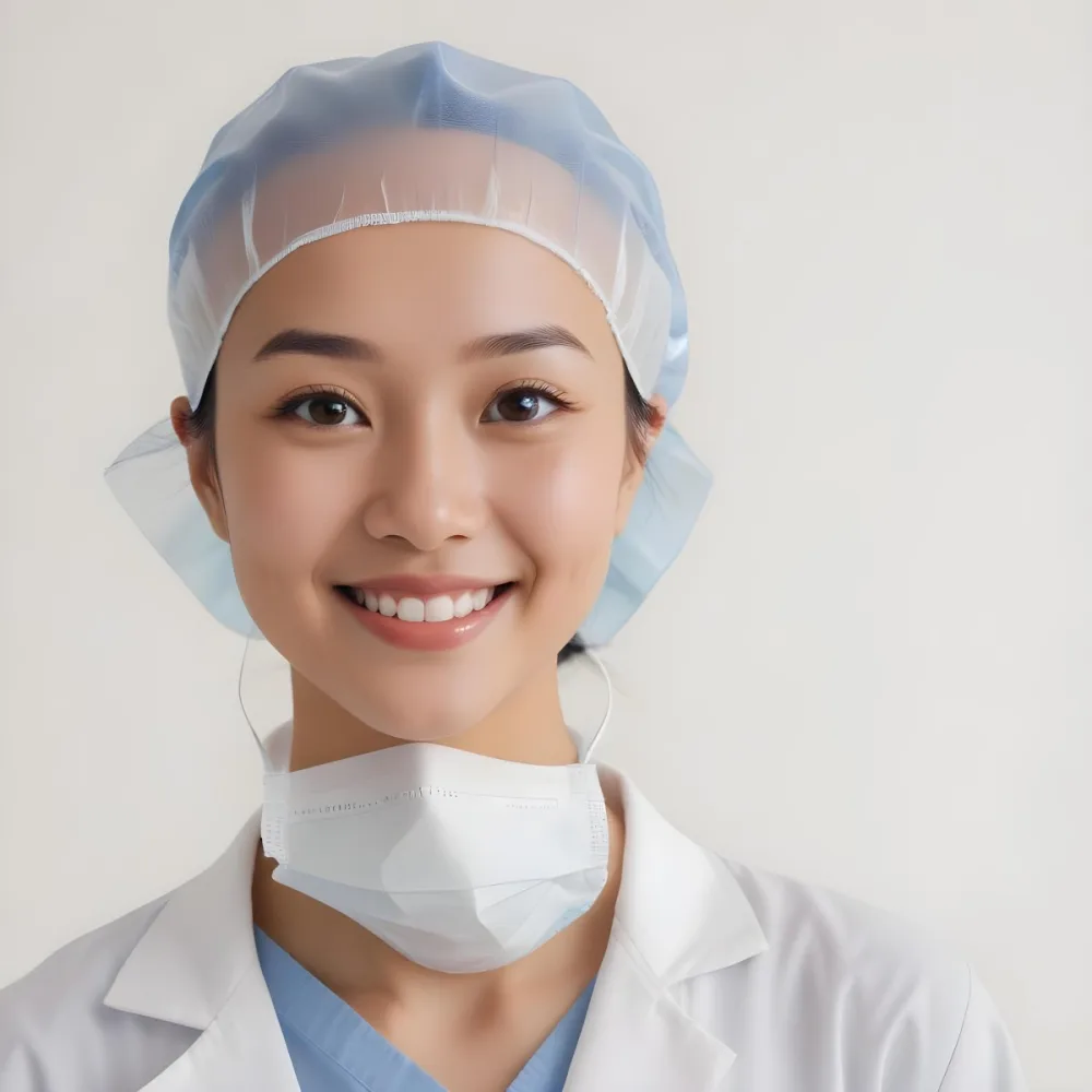 A Young Asian Woman With Light Skin Wearing A Surgical Cap And A Face Mask Smiling She Is Dressed In A White Lab Coat Over A Blue Shirt The Background Is A Soft Light Color 62 8ccc