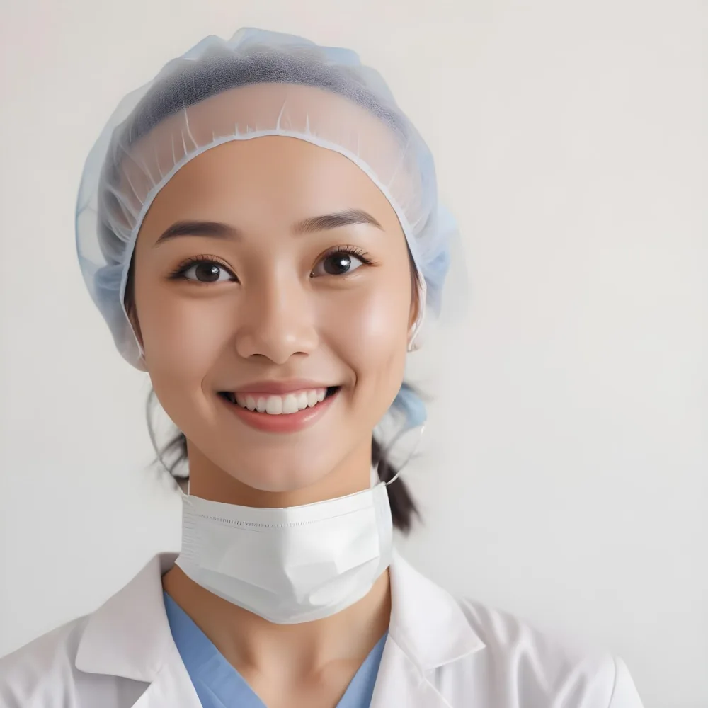 A Young Asian Woman With Light Skin Wearing A Surgical Cap And A Face Mask Smiling She Is Dressed In A White Lab Coat Over A Blue Shirt The Background Is A Soft Light Color 66 8453