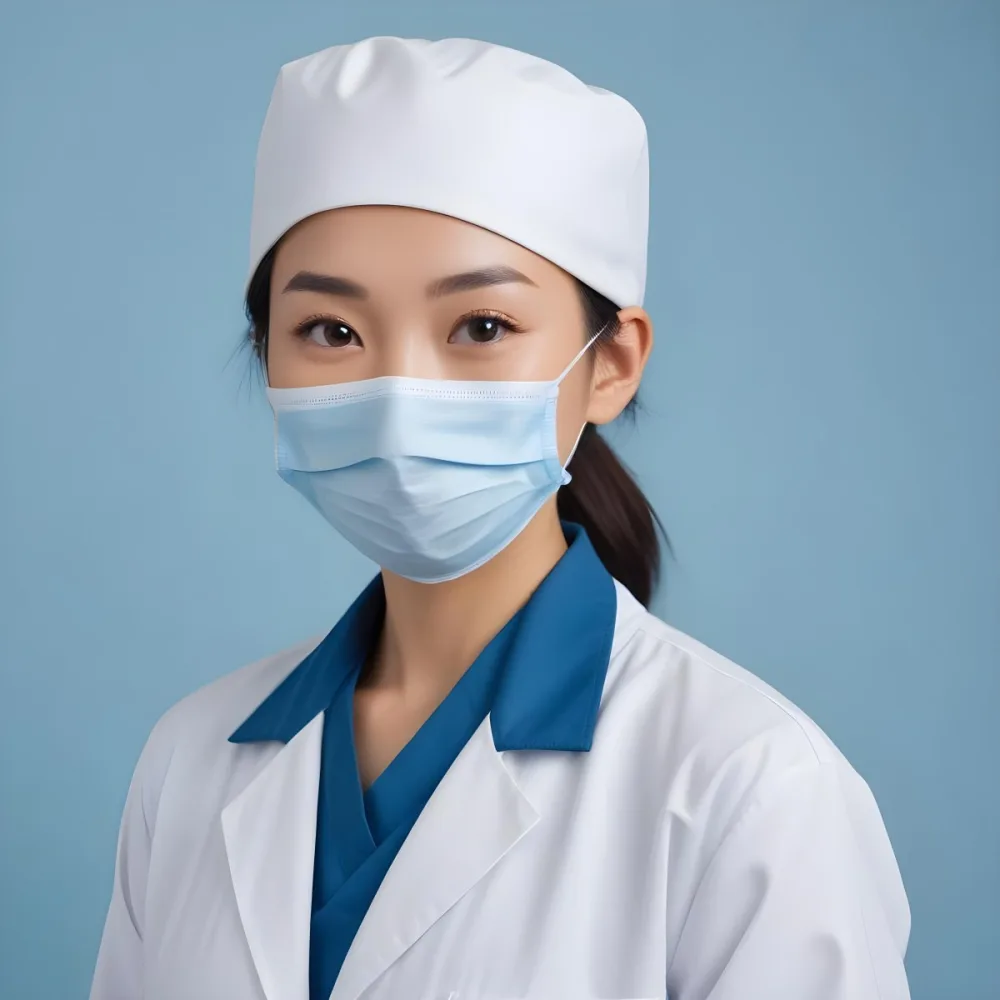 A Young Asian Woman With Light Skin Wearing A Surgical Cap And A Face Mask Smiling She Is Dressed In A White Lab Coat Over A Blue Shirt The Background Is A Soft Light Color 70 08d3