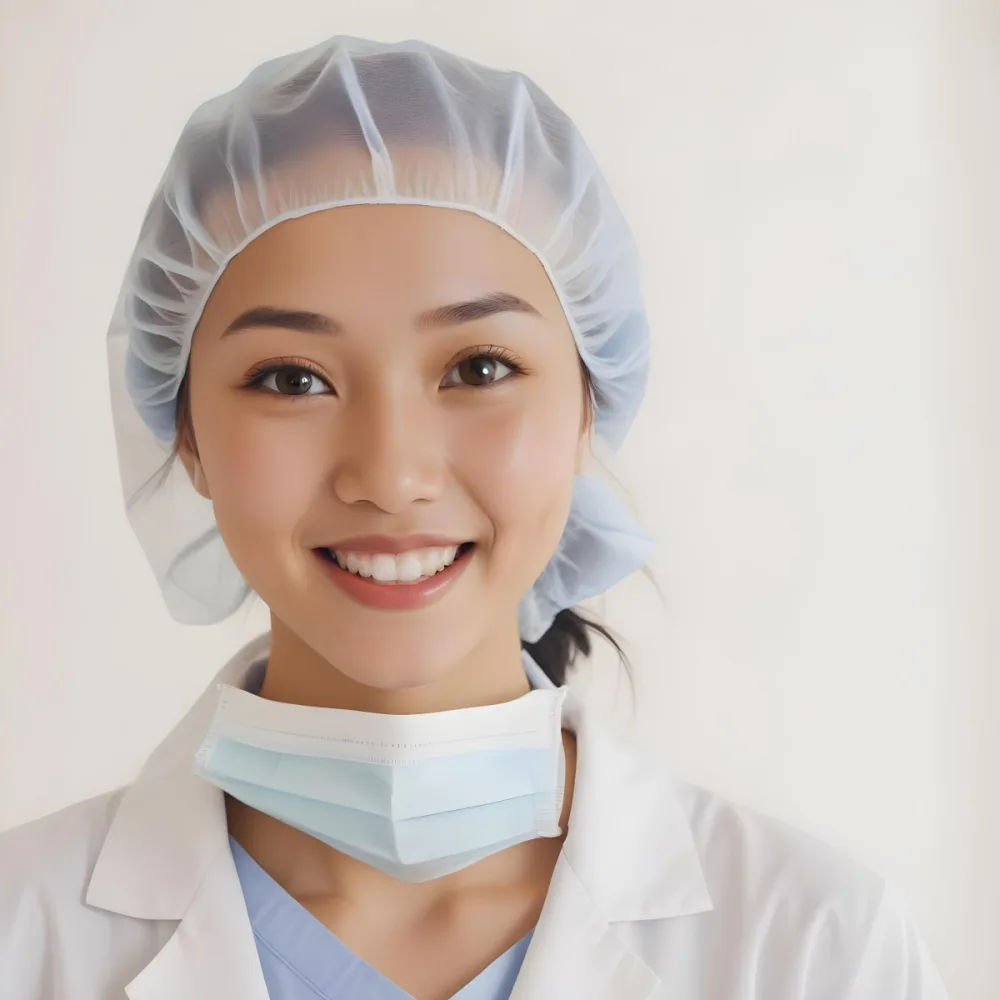 A Young Asian Woman With Light Skin Wearing A Surgical Cap And A Face Mask Smiling She Is Dressed In A White Lab Coat Over A Blue Shirt The Background Is A Soft Light Color 88 3873