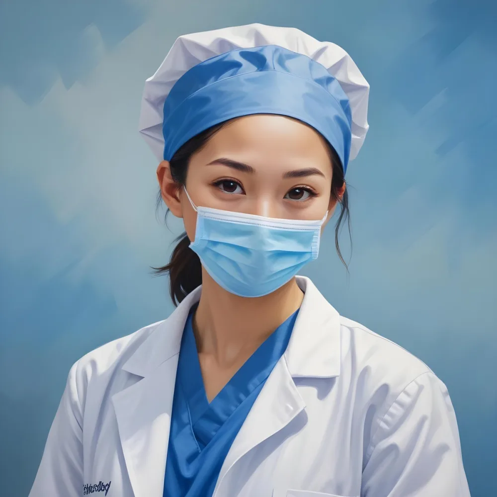 A Young Asian Woman With Light Skin Wearing A Surgical Cap And A Face Mask Smiling She Is Dressed In A White Lab Coat Over A Blue Shirt The Background Is A Soft Light Color 9 B2f9