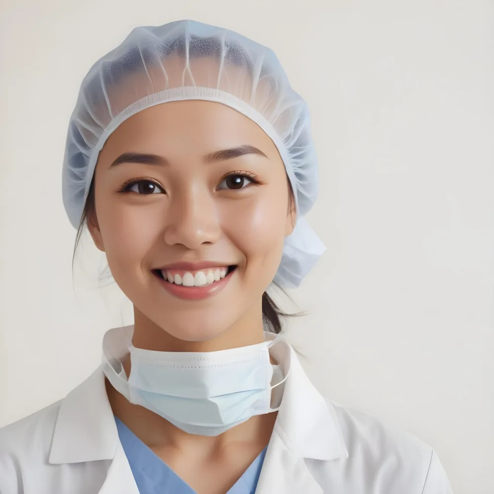 A Young Asian Woman With Light Skin Wearing A Surgical Cap And A Face Mask Smiling She Is Dressed In A White Lab Coat Over A Blue Shirt The Background Is A Soft Light Color 91 C06a
