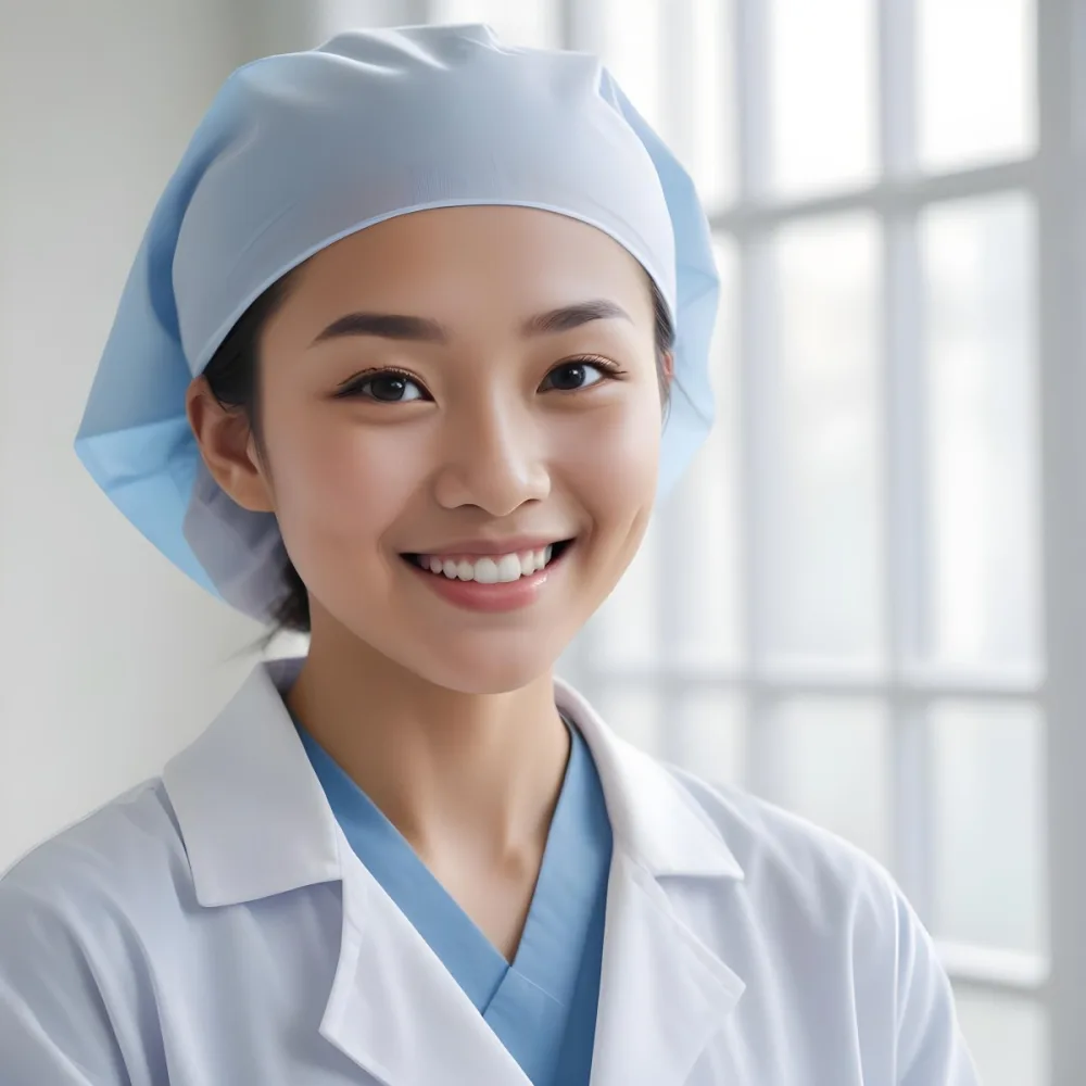 A Young Asian Woman With Light Skin Wearing A Surgical Cap And A Face Mask Smiling She Is Dressed In A White Lab Coat Over A Blue Shirt The Background Is A Soft Light Color 95 Fbae