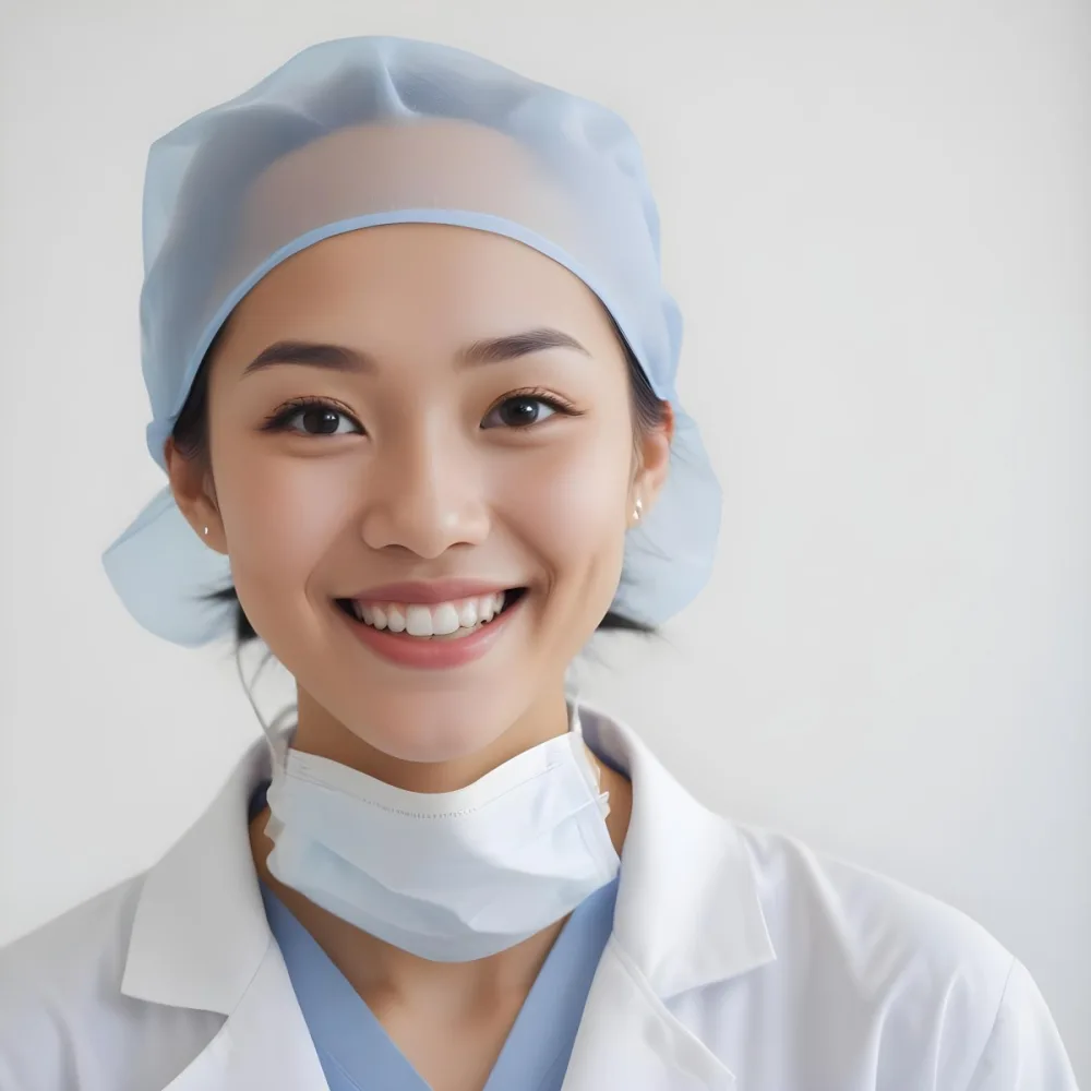 A Young Asian Woman With Light Skin Wearing A Surgical Cap And A Face Mask Smiling She Is Dressed In A White Lab Coat Over A Blue Shirt The Background Is A Soft Light Color 97 F889