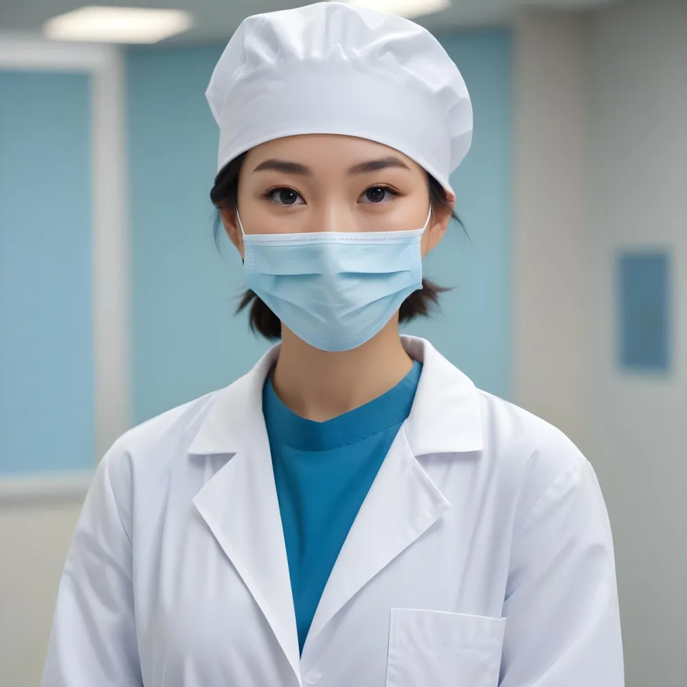 A Young Asian Woman With Light Skin Wearing A Surgical Cap And A Face Mask Smiling She Is Dressed In A White Lab Coat Over A Blue Shirt The Background Is A Soft Light Color 98 54a6