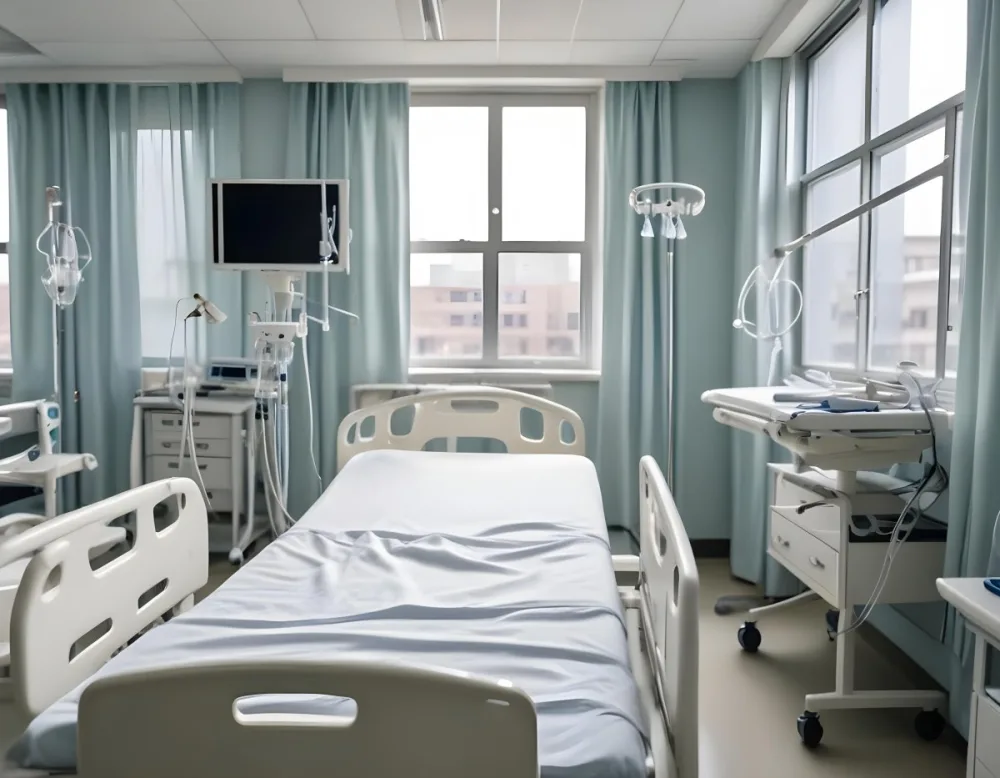 An Empty Hospital Bed With Medical Equipment Attached To It The Background Is A Hospital Room 11 59a7
