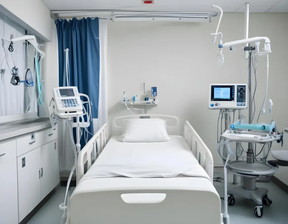 An Empty Hospital Bed With Medical Equipment Attached To It The Background Is A Hospital Room 2 149b