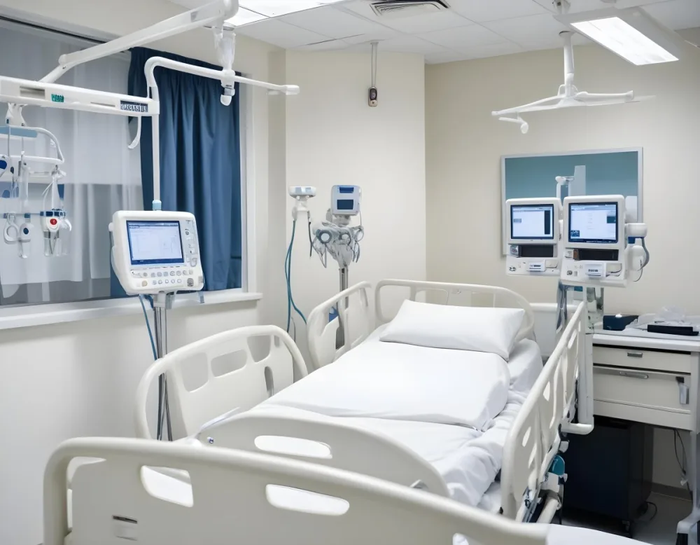 An Empty Hospital Bed With Medical Equipment Attached To It The Background Is A Hospital Room 6 D85a