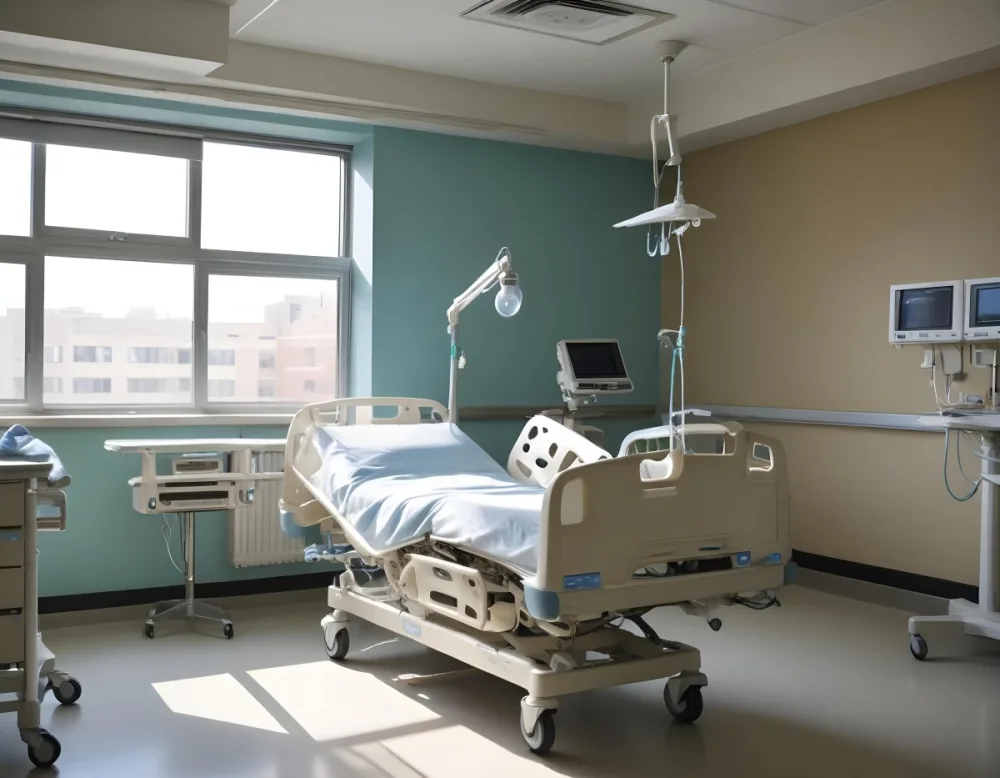 An Empty Hospital Bed With Medical Equipment Attached To It The Background Is A Hospital Room 8 841c