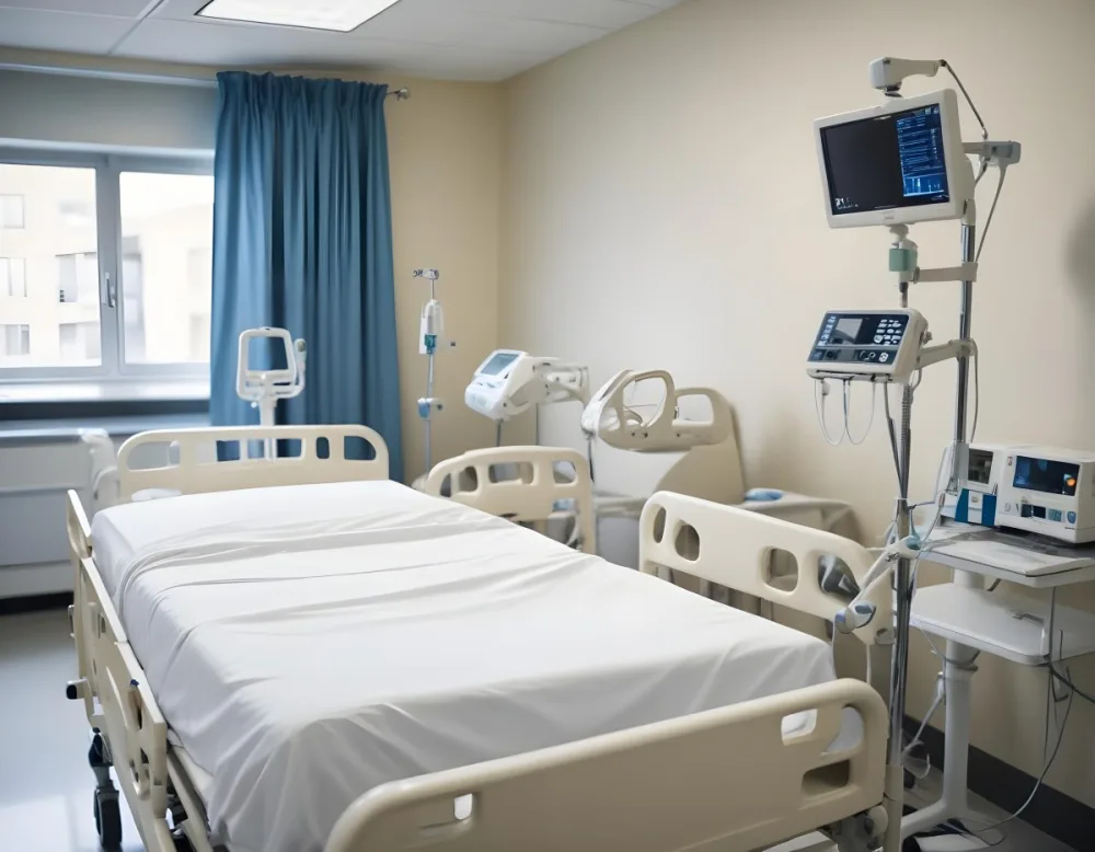 An Empty Hospital Bed With Medical Equipment Attached To It The Background Is A Hospital Room 9 1da2