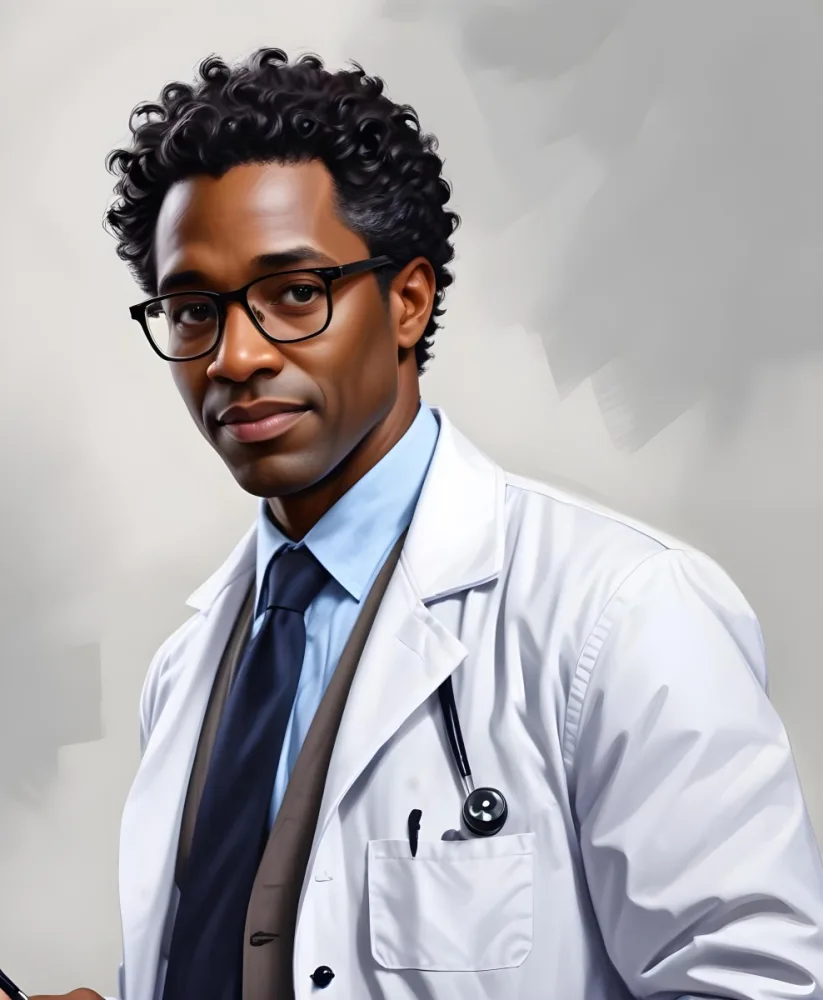 Digital Painting A Middle Aged Black Male Doctor Wearing A White Coat Glasses And A Stethoscope With Short Curly Black Hair Bold And Slim Lines Brush Strokes 1 4ea6