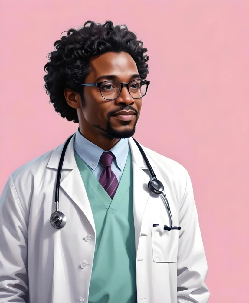 Digital Painting A Middle Aged Black Male Doctor Wearing A White Coat Glasses And A Stethoscope With Short Curly Black Hair Bold And Slim Lines Brush Strokes 4 Da92