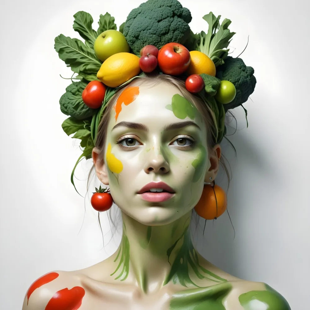 Digital Painting A White Woman Green Skin 25 Years Old With Fruits And Vegetables On Her Head And Body White Background Bold And Slim Lines Brush Strokes 13 19cb