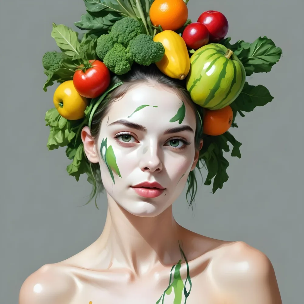Digital Painting A White Woman Green Skin 25 Years Old With Fruits And Vegetables On Her Head And Body White Background Bold And Slim Lines Brush Strokes 17 0ccd