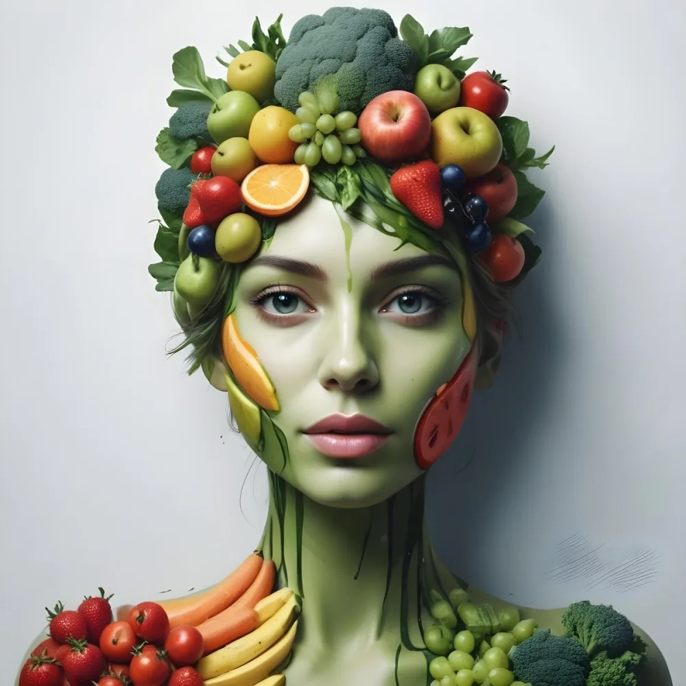Digital Painting A White Woman Green Skin 25 Years Old With Fruits And Vegetables On Her Head And Body White Background Bold And Slim Lines Brush Strokes 20 E94d