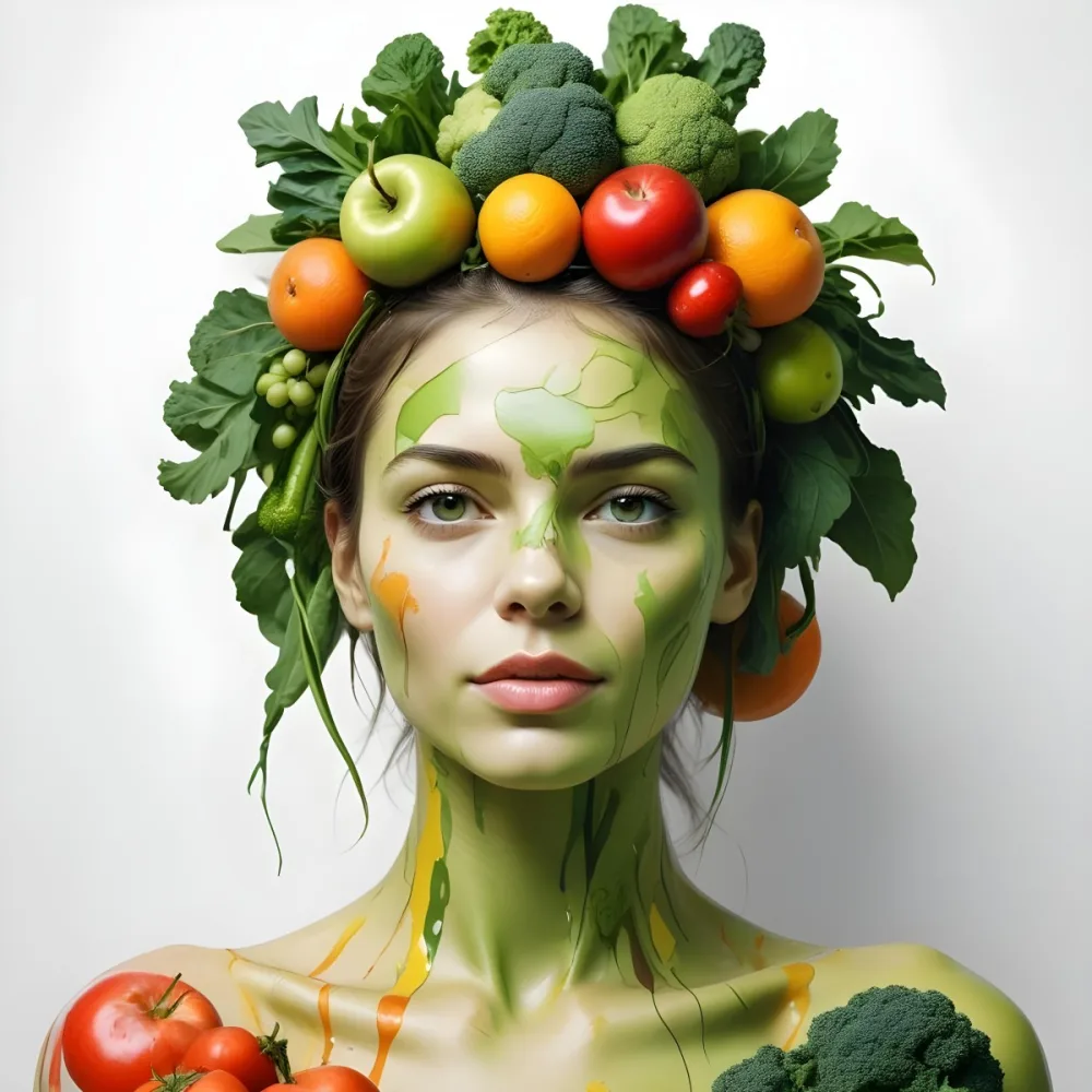 Digital Painting A White Woman Green Skin 25 Years Old With Fruits And Vegetables On Her Head And Body White Background Bold And Slim Lines Brush Strokes 27 7041