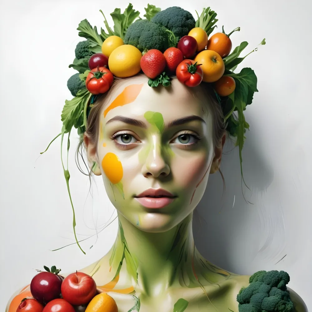 Digital Painting A White Woman Green Skin 25 Years Old With Fruits And Vegetables On Her Head And Body White Background Bold And Slim Lines Brush Strokes 36 479f