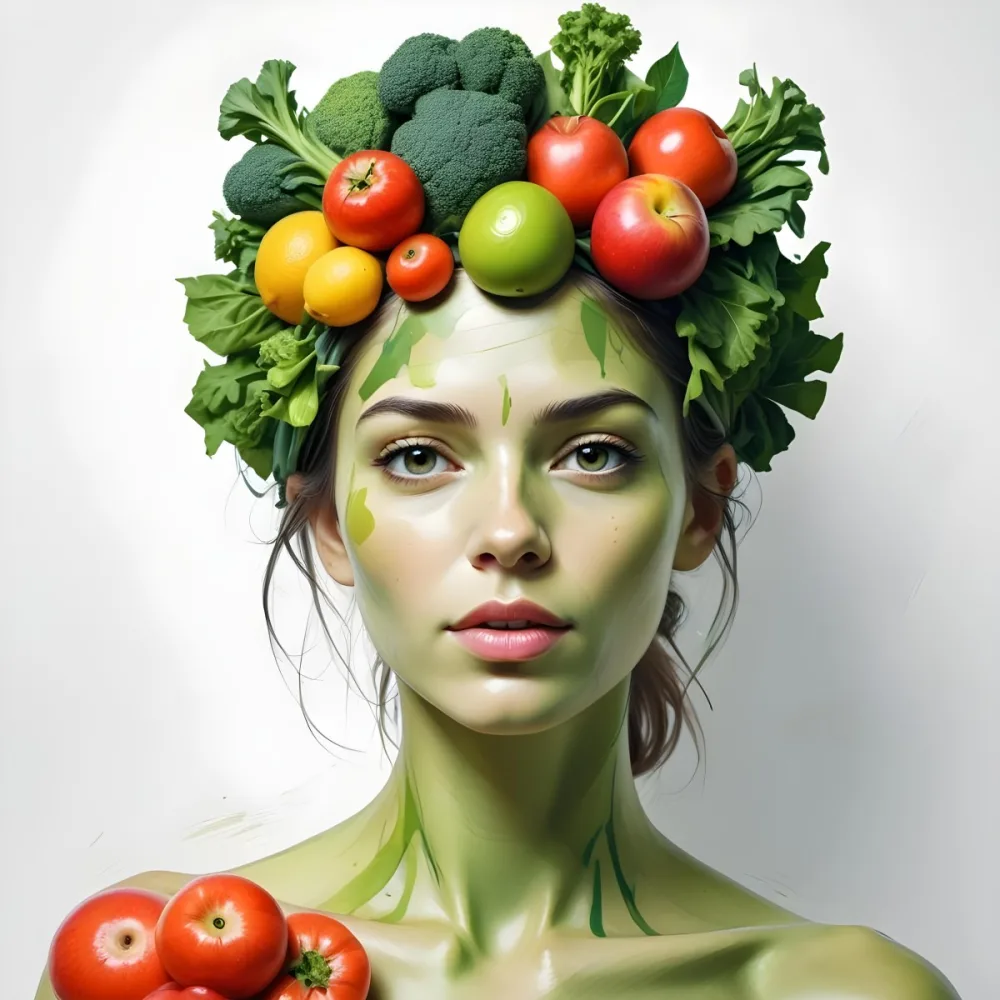 Digital Painting A White Woman Green Skin 25 Years Old With Fruits And Vegetables On Her Head And Body White Background Bold And Slim Lines Brush Strokes 39 Ea77