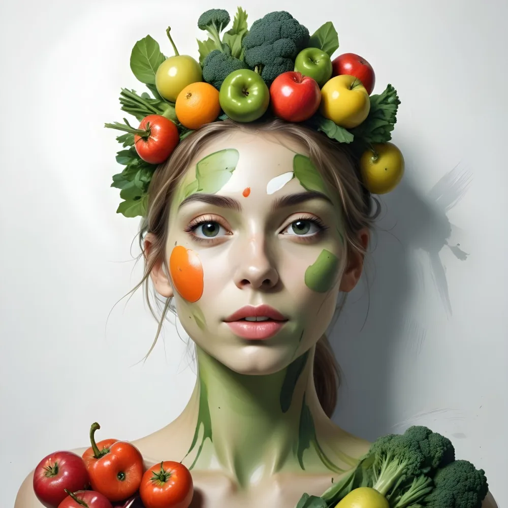 Digital Painting A White Woman Green Skin 25 Years Old With Fruits And Vegetables On Her Head And Body White Background Bold And Slim Lines Brush Strokes 42 2fd7