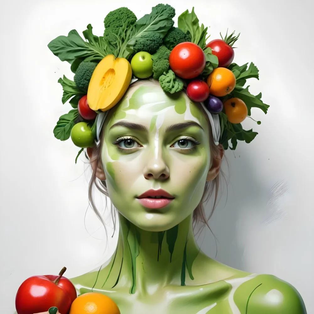 Digital Painting A White Woman Green Skin 25 Years Old With Fruits And Vegetables On Her Head And Body White Background Bold And Slim Lines Brush Strokes 43 E2d5