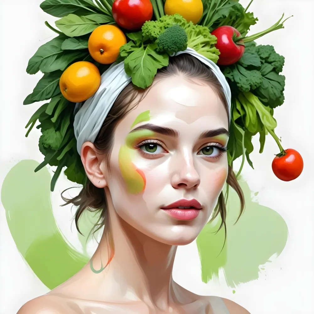 Digital Painting A White Woman Green Skin 25 Years Old With Fruits And Vegetables On Her Head And Body White Background Bold And Slim Lines Brush Strokes 45 9d88