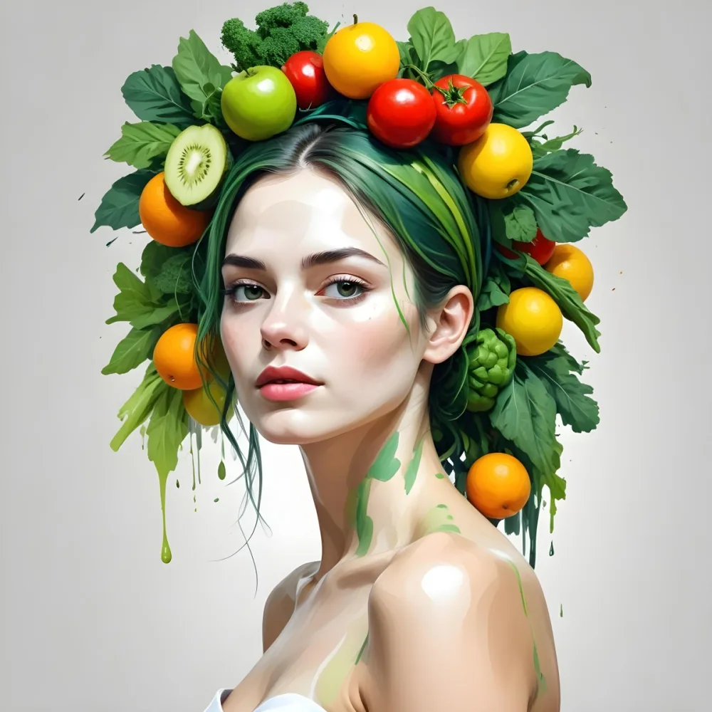 Digital Painting A White Woman Green Skin 25 Years Old With Fruits And Vegetables On Her Head And Body White Background Bold And Slim Lines Brush Strokes 47 26eb