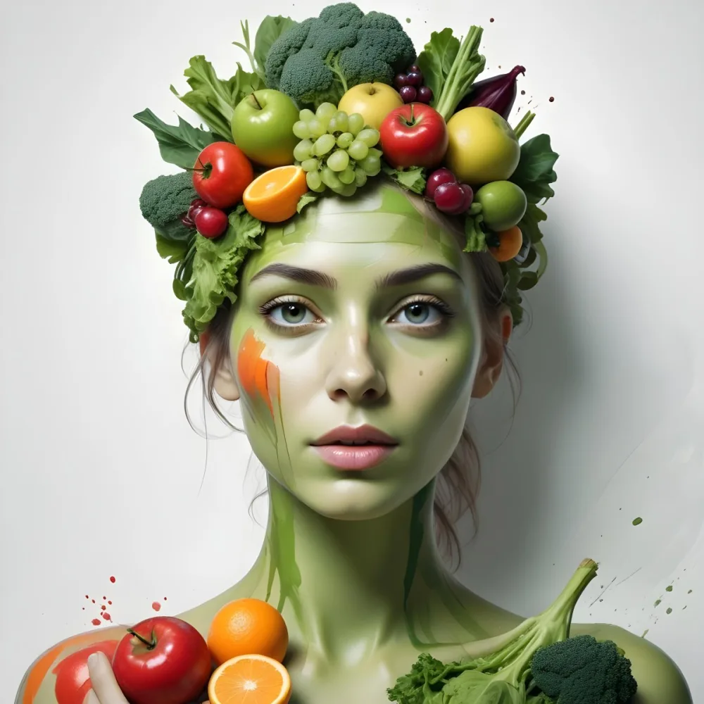 Digital Painting A White Woman Green Skin 25 Years Old With Fruits And Vegetables On Her Head And Body White Background Bold And Slim Lines Brush Strokes 48 F7a3