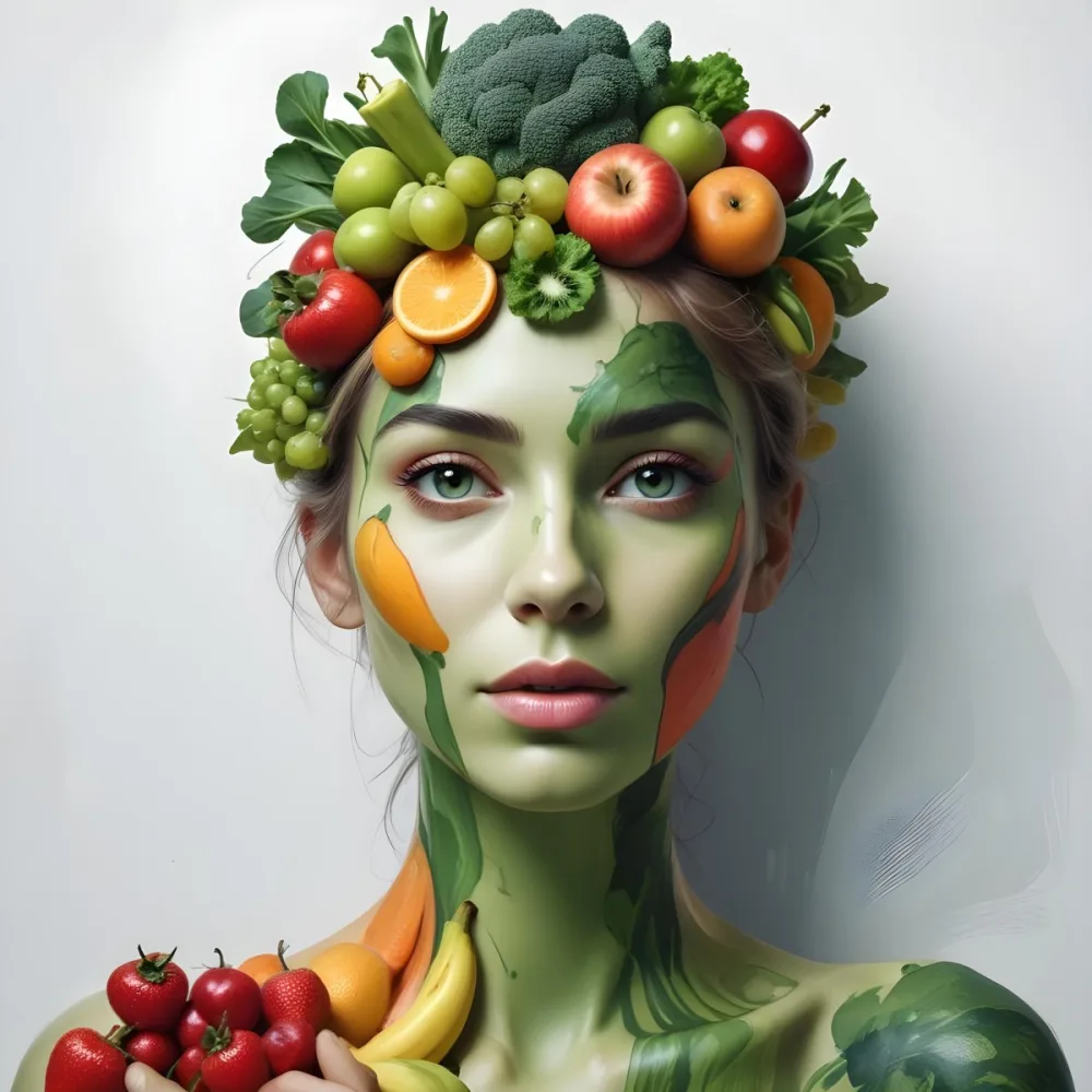 Digital Painting A White Woman Green Skin 25 Years Old With Fruits And Vegetables On Her Head And Body White Background Bold And Slim Lines Brush Strokes 5 Ad2d