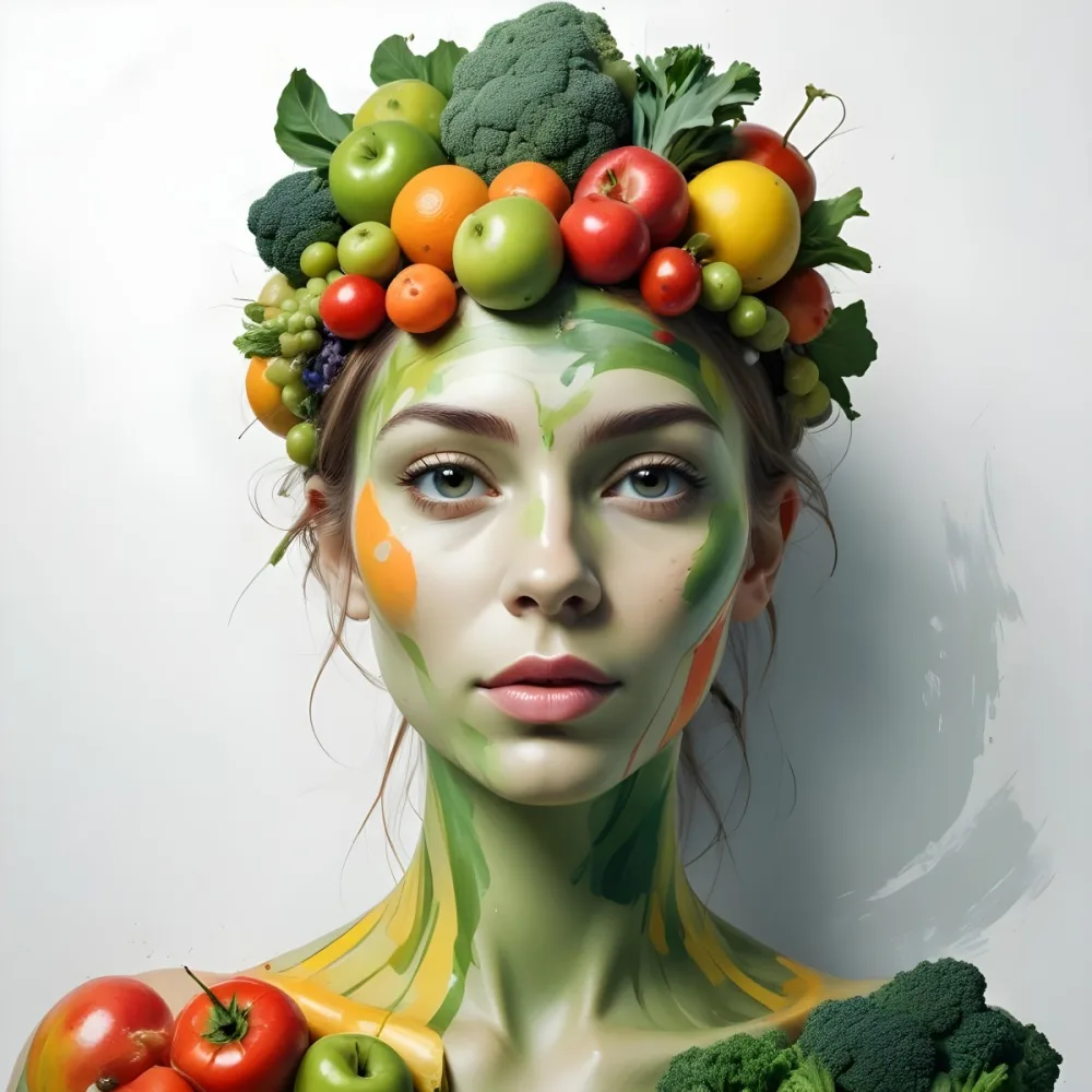 Digital Painting A White Woman Green Skin 25 Years Old With Fruits And Vegetables On Her Head And Body White Background Bold And Slim Lines Brush Strokes 6 F5a9