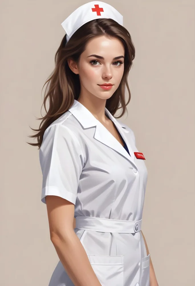 Digital Painting White Woman 22 Years Old Brown Hair Wearing A Nurse Uniform White Background Bold And Slim Lines Brush Strokes 1 8ea0