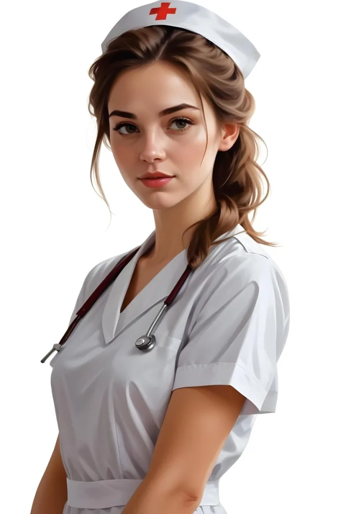Digital Painting White Woman 22 Years Old Brown Hair Wearing A Nurse Uniform White Background Bold And Slim Lines Brush Strokes 10 761e